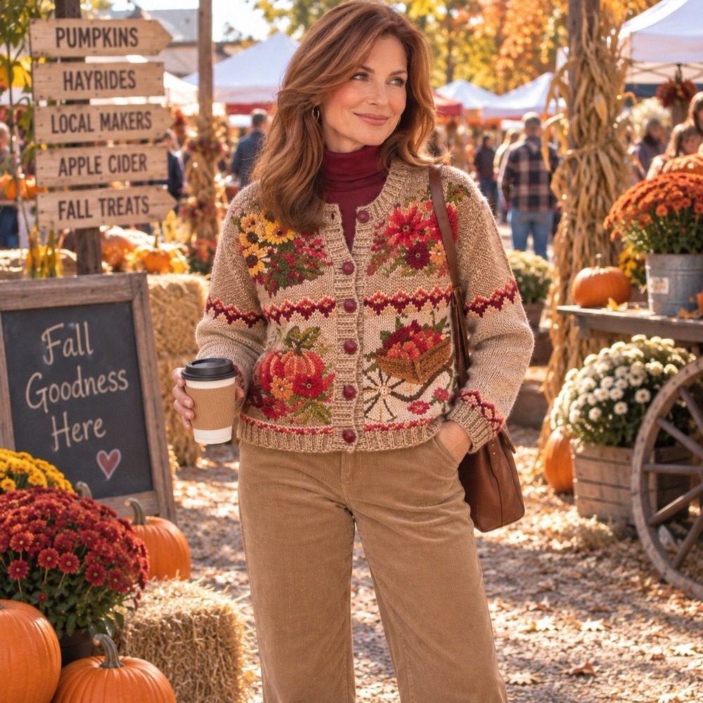 Heirloom Collectibles Women's M Fall Harvest Pumpkin Embroidered Cardigan